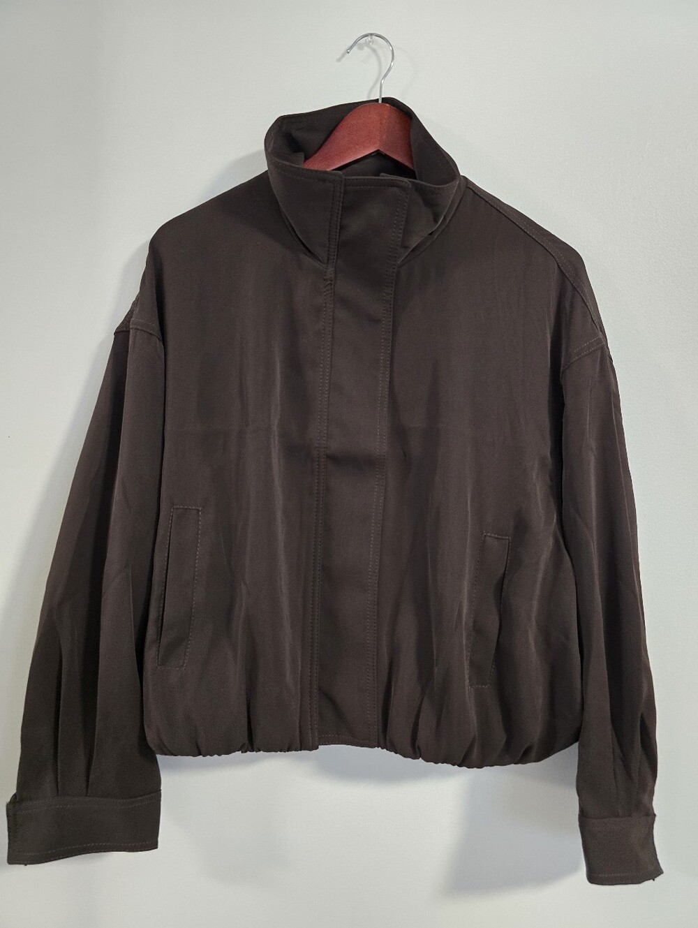 MAX STUDIO London Chocolate Brown Stand-Collar Jacket Bomber Bubble Hem Size M